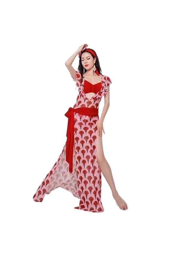 Women Belly Dance Class Uniform Flower Printing Dress Girls Folk Costume Set Long Robe
