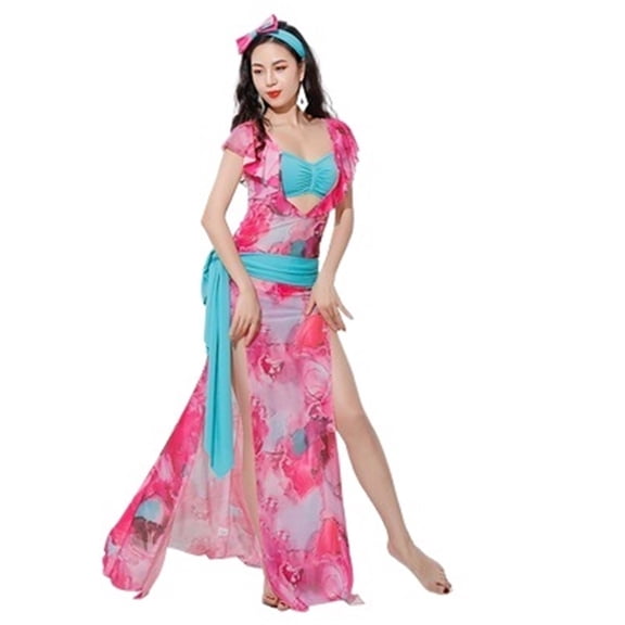 Women Belly Dance Class Uniform Flower Printing Dress Girls Folk Costume Set Long Robe