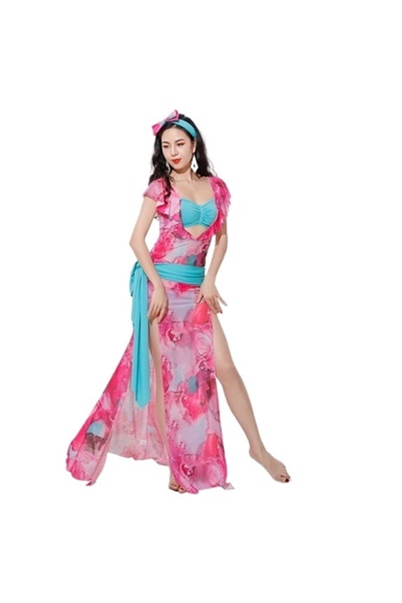 Women Belly Dance Class Uniform Flower Printing Dress Girls Folk Costume Set Long Robe