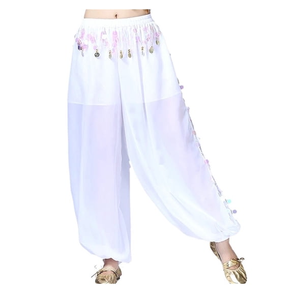 Women Belly Dance Coins Lantern Pants Side Slit Sequin Chiffon Pants Harem Pants Halloween Costume Party Dancewear