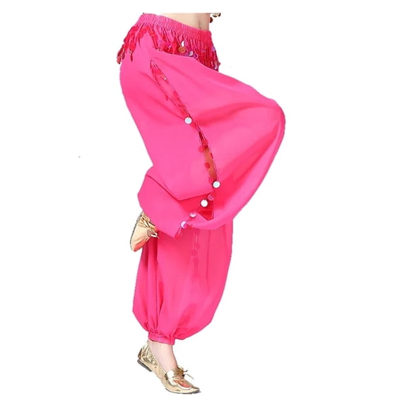 Women Belly Dance Coins Lantern Pants Side Slit Sequin Chiffon Pants Harem Pants Halloween Costume Party Dancewear