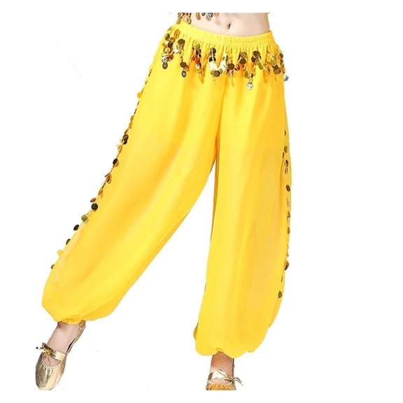 Women Belly Dance Coins Lantern Pants Side Slit Sequin Chiffon Pants Harem Pants Halloween Costume Party Dancewear