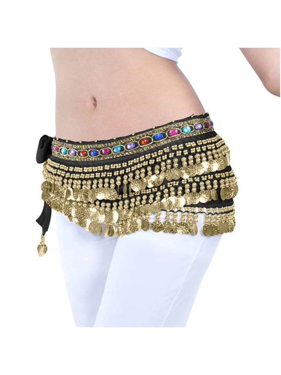 Women Belly Dance Hip Scarf Skirts Tassels Sequin Boho Sparkly Coins Triangle Wrap Skirt Belt Black, Free Size