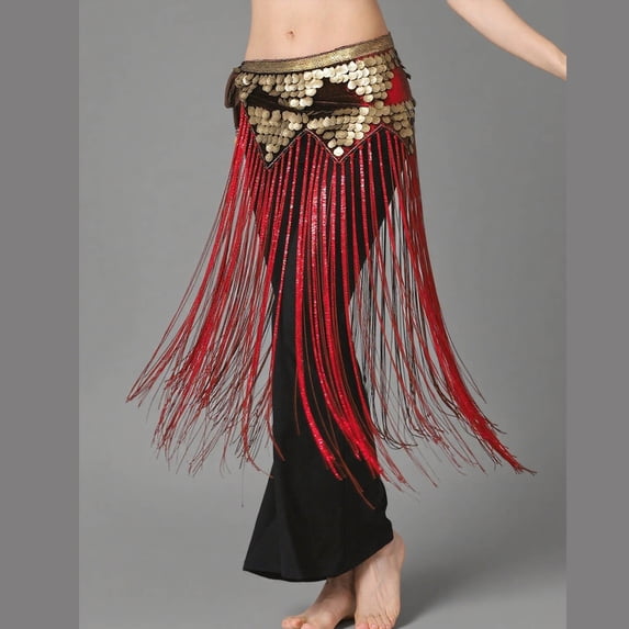 Women Belly Dance Hip Scarf with High Tassel Sparkly Sequin Dancing Skirts Wrap for Carnival Performance Costume Red One Size