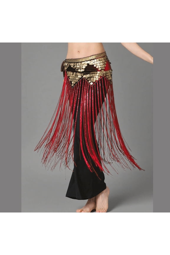Women Belly Dance Hip Scarf with High Tassel Sparkly Sequin Dancing Skirts Wrap for Carnival Performance Costume Red One Size