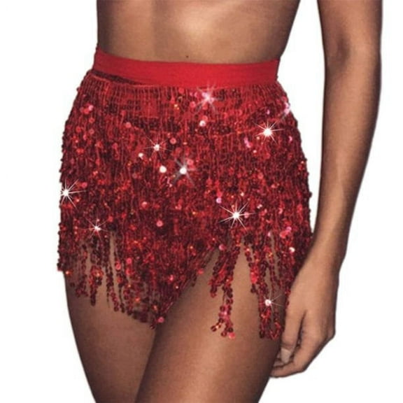 Women Belly Dance Hip Skirt Tassel Scarf Sequin Wrap Rave Costume ，Red