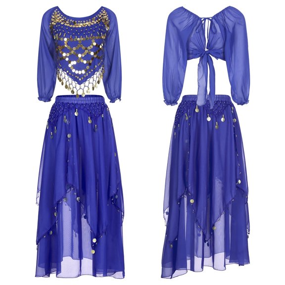 Women Belly Dance Outfits Long Sleeve Lace-up Chiffon Crop Skirt Princess Dress Up Costume