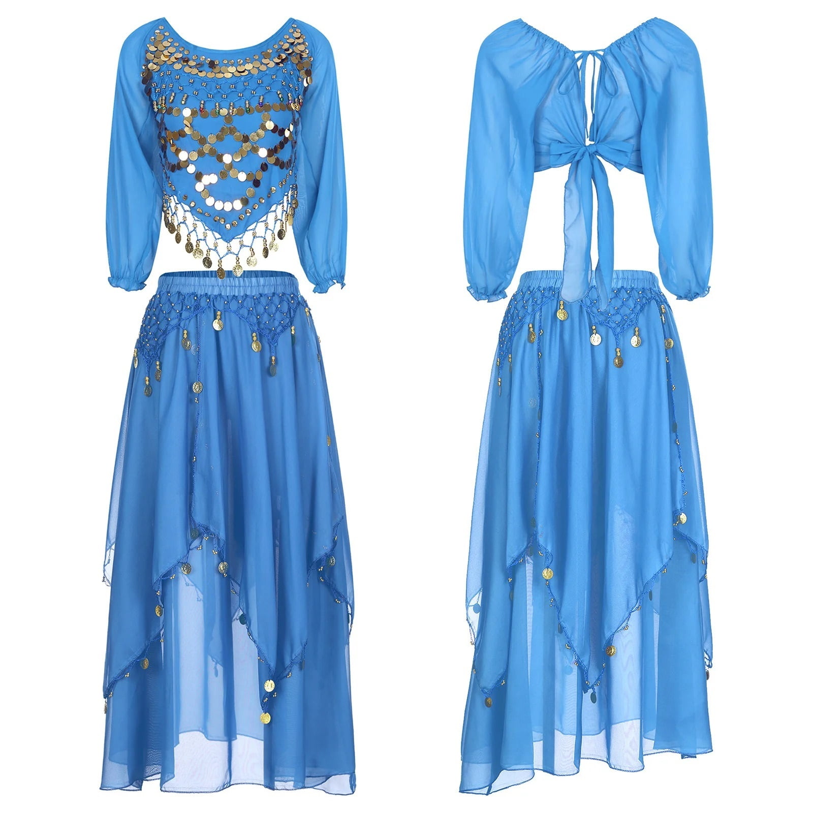 Women Belly Dance Outfits Long Sleeve Lace-up Chiffon Crop Skirt Princess  Dress Up Costume - Walmart.com