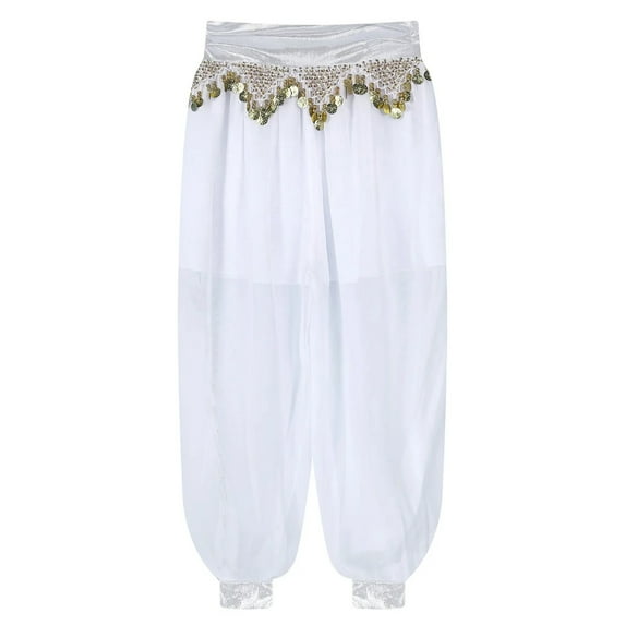 Women Belly Dance Pants Carnival Party Costume Chiffon Plastic Beads Tassels Metallic Ruched Waistband Side Split Pants