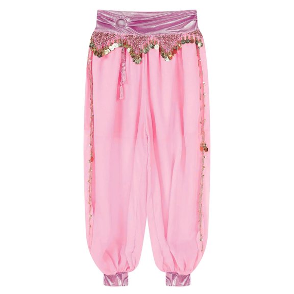 Women Belly Dance Pants Carnival Party Costume Chiffon Plastic Beads Tassels Metallic Ruched Waistband Side Split Pants