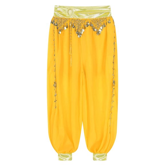 Women Belly Dance Pants Carnival Party Costume Chiffon Plastic Beads Tassels Metallic Ruched Waistband Side Split Pants