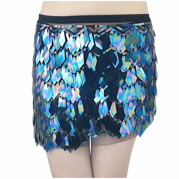 Women Belly Dance Sequin Skirt Shiny Party Dance Wrap Skirt Hip Scarf Rave Music Festival Costume