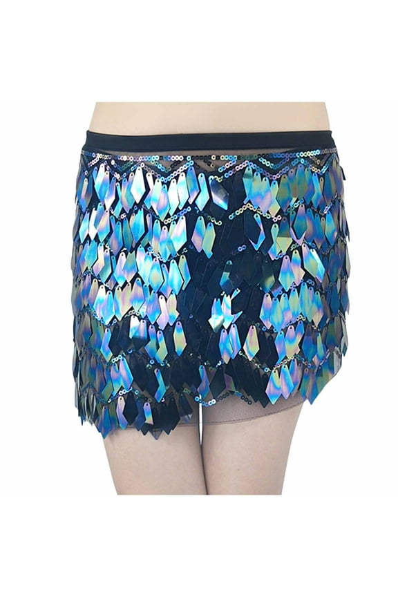 Women Belly Dance Sequin Skirt Shiny Party Dance Wrap Skirt Hip Scarf Rave Music Festival Costume