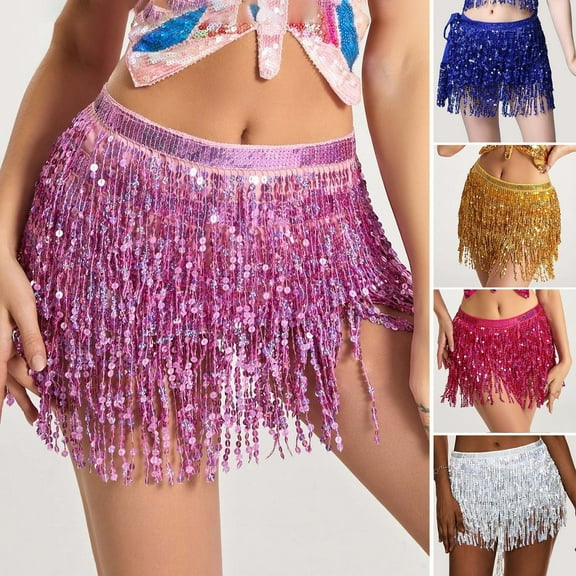 Women Belly Dance Skirt Chain Tassel Sequin 3-layer Lace-up Bohemian Clubwear Performance Mini Waist Wrap Latin Dance Practice Short Skirt Hip Waist Scarf