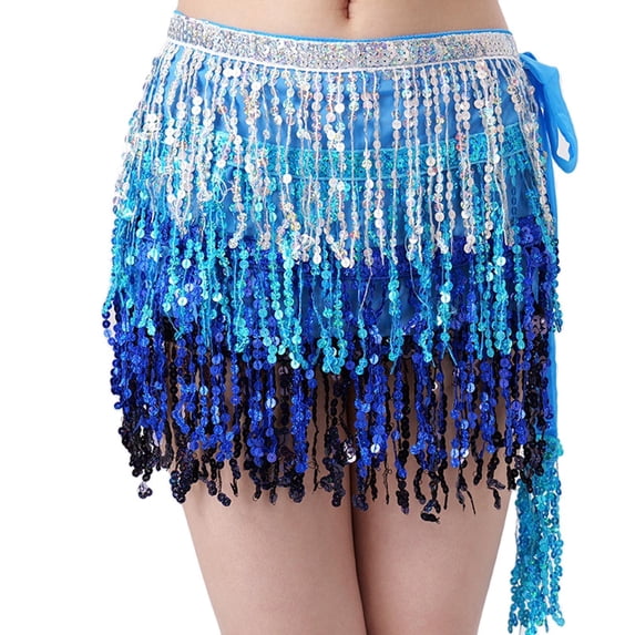 Women Belly Dance Skirt, Hip Belt Clothes, Dress Sequin Tassel Hip Scarf Wrap, Tassel Scarf Belt for Stage Performance Ballroom Club Nightclub Blue Black