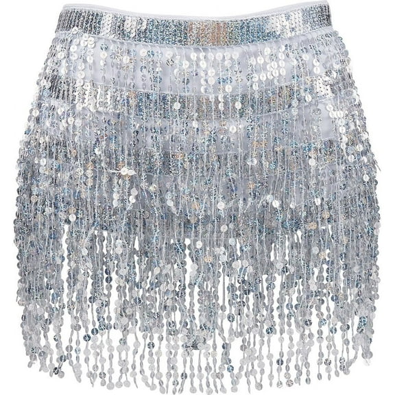 Women Belly Dance Skirt Silver Sequin Fringe Hip Wrap Skirts Sparkly Tassel Hip Scarf Halloween Party Performance Outfits Rave Costume for Dancer Yoga Belly Dancing Festival Clothing