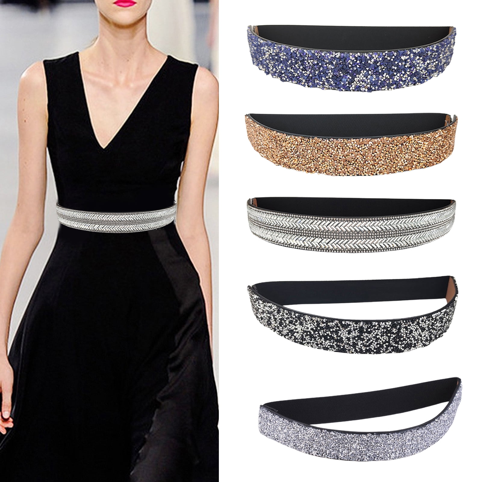Adjustable Rhinestone Crystal Sparkly Dress Belt Thin Elastic Waist Belt for Gold Shimmer Skinny Elastic Belt With Rhinestone Buckle  main image 4