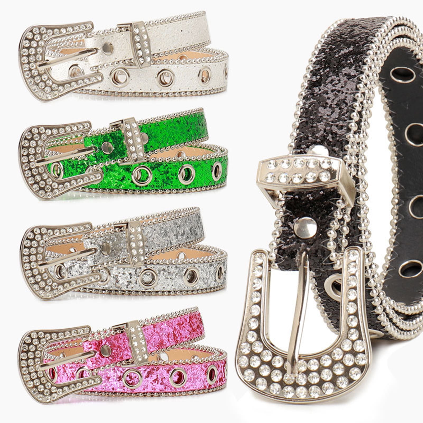 Women Belt Glitter Sequins Shiny Rhinestones Multi Holes 