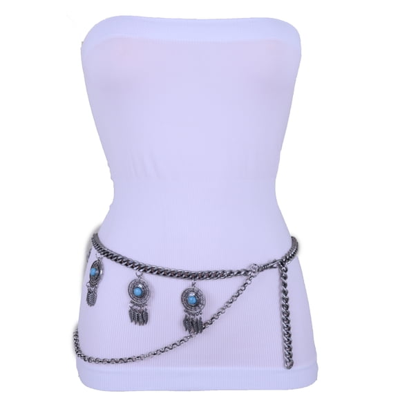 Women Belt Silver Metal Chain Feather Turquoise Blue Charm M L XL