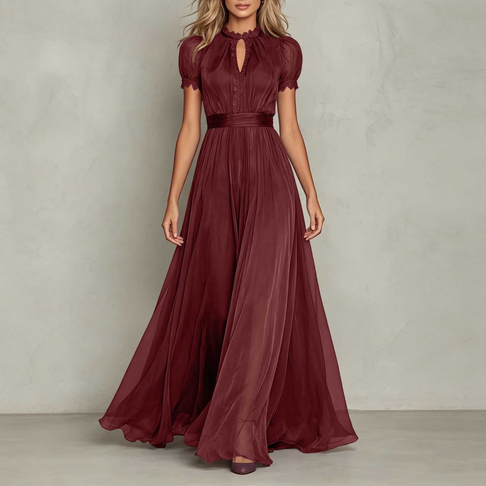 Women Belted Fit Flare Dress Solid High Neck Lace Puff Sleeve Maxi Gown for Women Matching Waist Sash Flared Cut Slimming Solid Dress for Evening Party Vacation Outfits Wine 5Xl