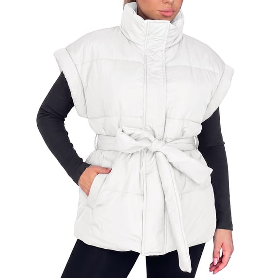 Women Belted Puffer Vest Sleeveless Stand Collar Quilted Waistcoat Outerwear