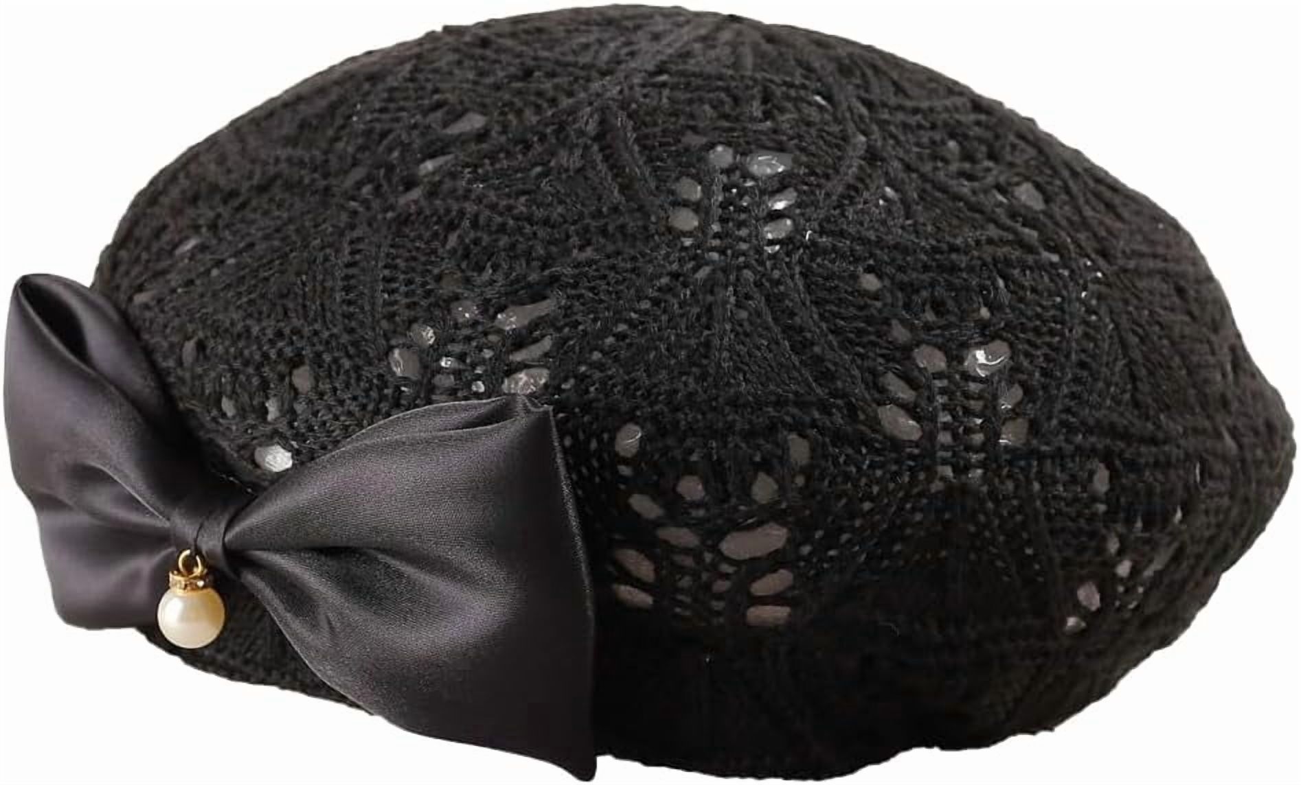 3969 Women Beret Hat Trendy Bow Pearl Woven Beret Summer Hollow Out Hat Women Bow Pearl Woven Beret Summer Hollow Out Slouchy  main image 2