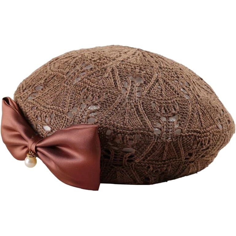4544 Women Bow Beret Hat Elegant Pearl Crochet Knit French Summer Hollow Women Beret Hat Trendy Bow Pearl Woven Beret Summer Hollow  main image 4