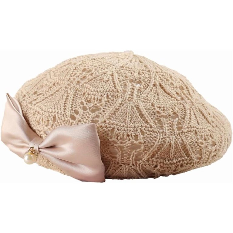 4583 Women Beret Hat Trendy Bow Pearl Woven Summer Hollow Out Women Trendy Bow Pearl Woven Beret Hat Summer Hollow Out Hat  main image 2