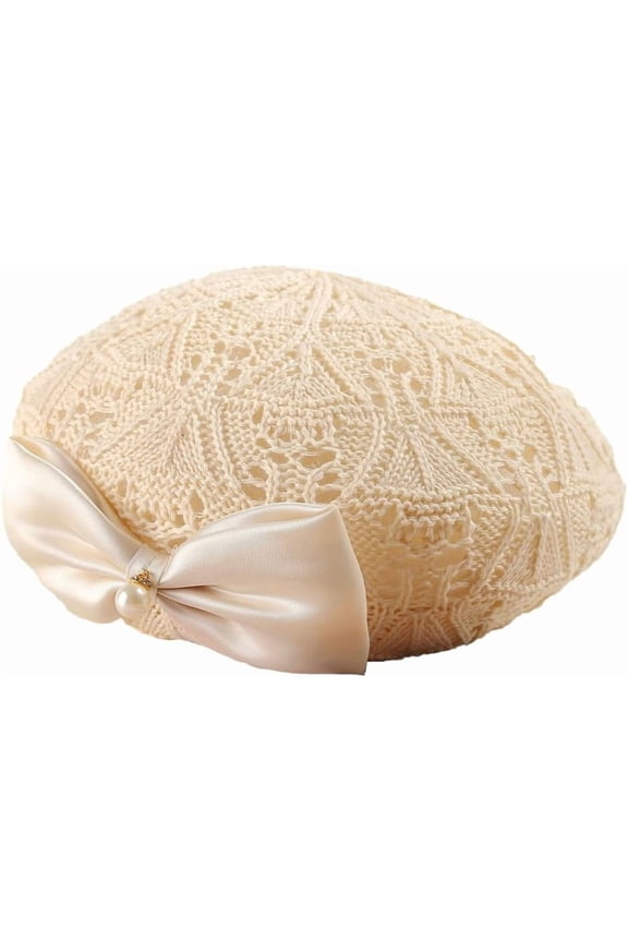 Women Beret Hat Trendy Bow Pearl Woven Beret Summer Hollow Out Hat Slouchy Crochet French Artist Cap Floral Beanie Hat