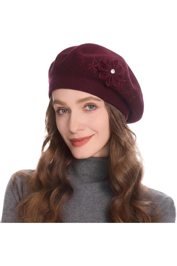 Women Beret hat Reversible Solid Color Floral Warm Knitted Beret Cap