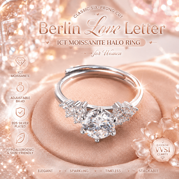 Women Berlin Love Letter Moissanite Ring, 1CT 6.5MM D VVS1 Six-Prong Halo Ring, 925 Silver Plated Adjustable Hypoallergenic Band, Stackable Jewelry for Wedding, Engagement & Anniversary