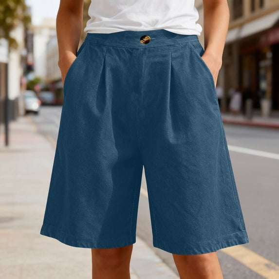 Women Bermuda Denim Shorts Knee Length Baggy Wide Leg Elastic Straight Casual Summer Dressy Shorts with Pockets Blue S
