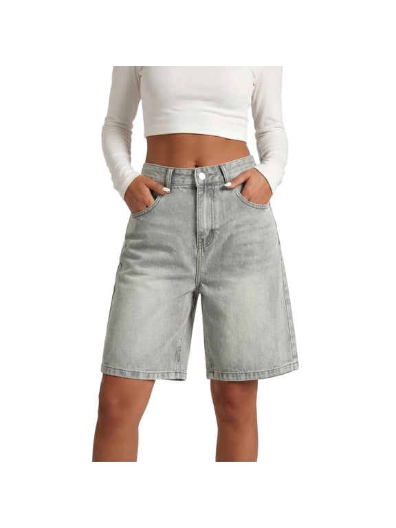 Women Bermuda Jeans Shorts,Baggy Jean Shorts Loose Denim Shorts Knee Length Denim Shorts Plus Size Jorts High Waisted Elastic Waist Denim Shorts Long Denim Shorts Mid Thigh Denim Shorts M