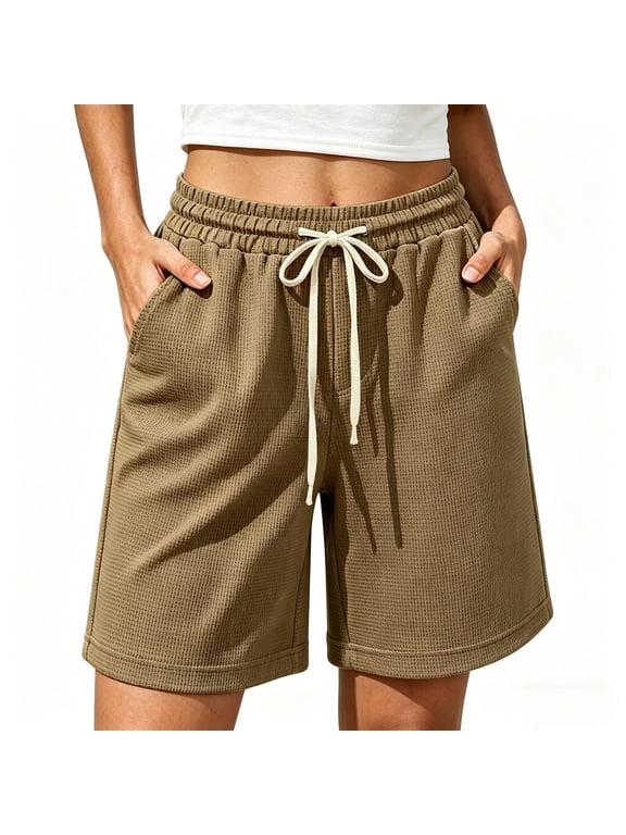 Women Bermuda Shorts Casual Summer Spring Elastic Waist Knee Length Comfy Pull On Drawstring with Pocket Beach Jersey