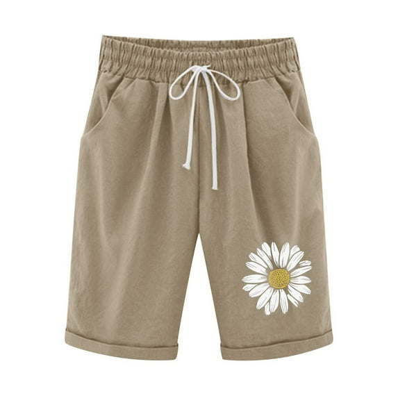 Women Bermuda Shorts Knee Length SweatShorts Trendy Floral Print Workout Short Casual Shorts Pants with Pockets