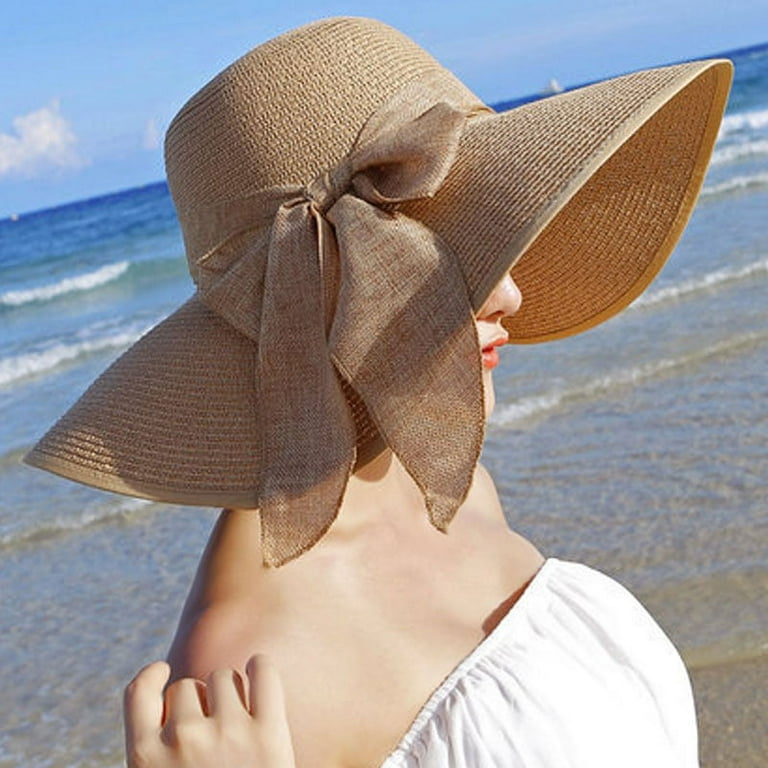 Women Big Bowknot Floppy Sun Hat Foldable Straw Wide Brim Summer Beach Cap  New