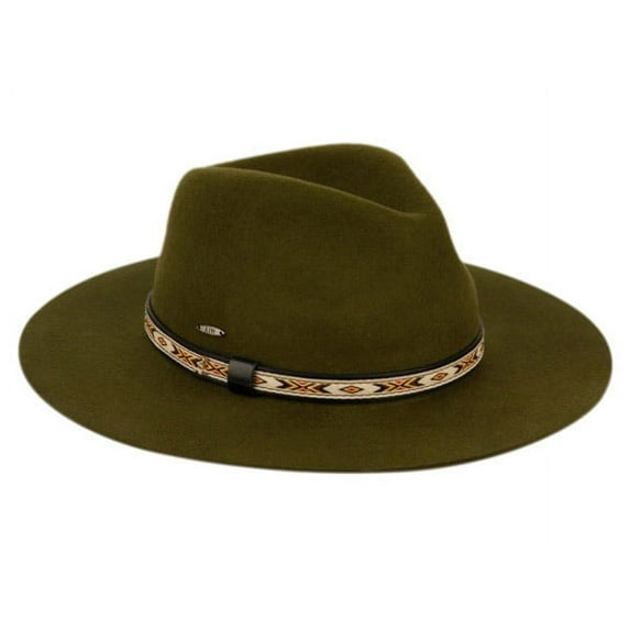 Women Big Brim Wool Felt Fedora hat Winter Cap with Tribal Print Band