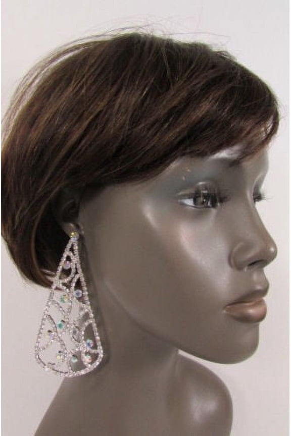 Women Big Drops Silver Metal Fashion Hook Earrings Set Fancy Rhinestones Dangle