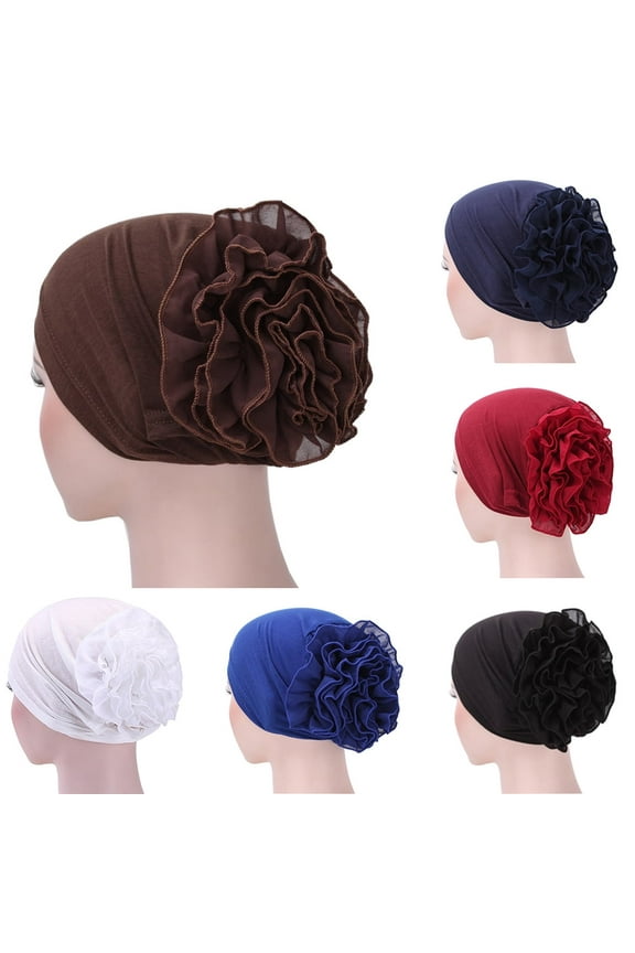 Women Big Flowers Solid Ruffle Cancer Chemo Elegant Hat Beanie Turban African Head Scarf Wrap Cap