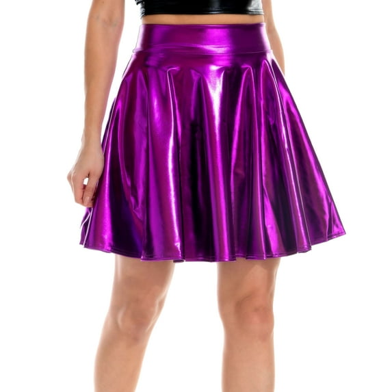 Women Big Hem Skirt Smooth Faux Leather A-line Pleated Solid Color High Elastic Waist Short Soft Above Knee Mini Skirt Performance Stage Club Skirt-Purple,XL
