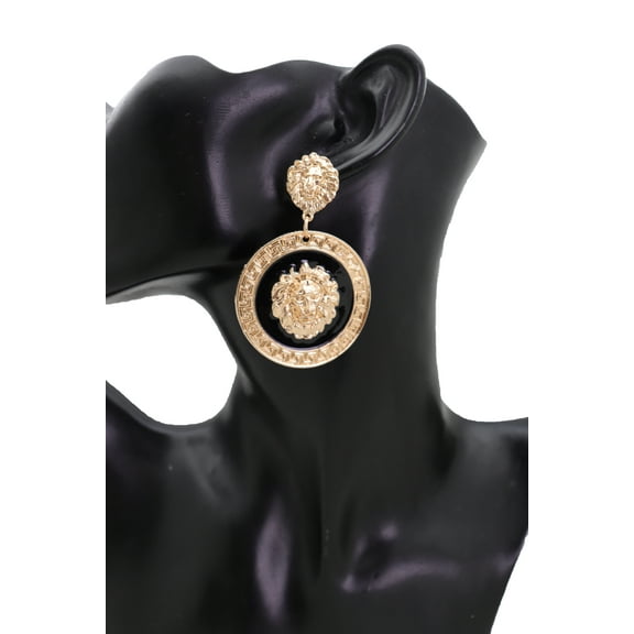 Women Big Hook Stud Earrings Set Fashion Jewelry Gold Lion Round Bling Jewelry