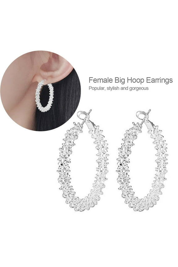 Women Big Hoop Earrings Large Loop Circle Alloy Jewelry Ear Rings (Silver)