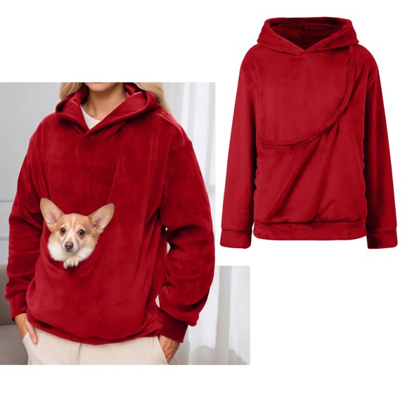 Women Big Pouch Hoodie Velvet Pullover Pet Carrier Sweater Casual Long Sleeve Oversized Pocket Dog Hoodie Fall Clothes