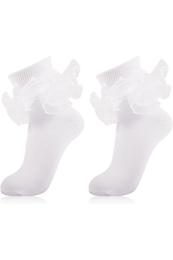 Women Big Ruffle Ankle Socks,Adult Double Lace Turn Cuff Cotton Frilly Dress Socks Cute Bobby Sock