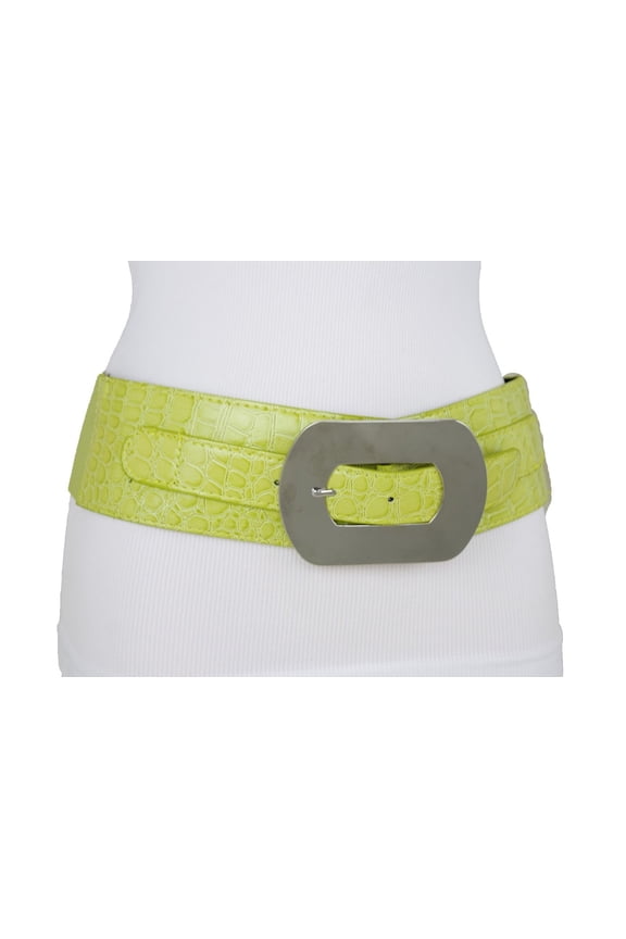 Women Big Silver Metal Square Buckle Belt Elastic Band Bright Green Apple M L