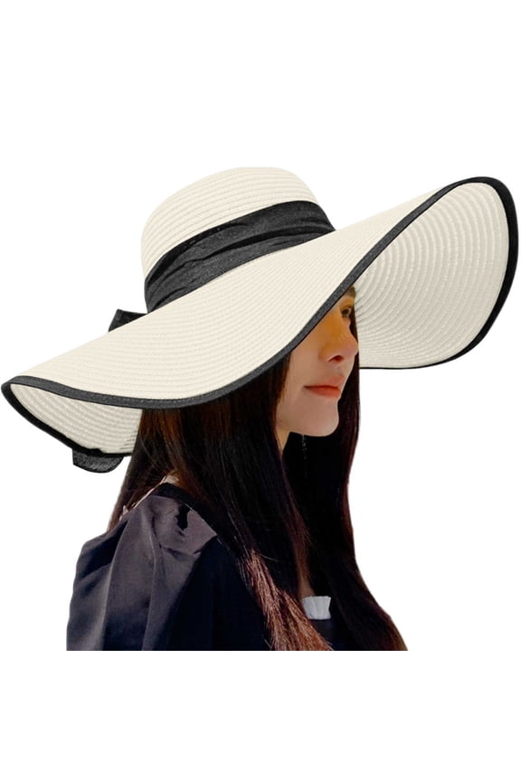 Women Big Straw Wide Brim Summer Beach Hat - Foldable, Adjustable Strap, One Size, Polyester, Sun Protection for Outdoor Activities