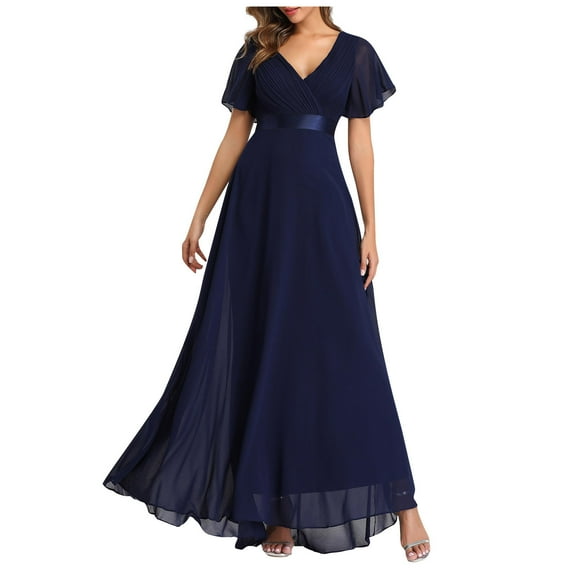 Women Big Swing V Neck Chiffon Elastic Banquet Bridesmaid Evening Dress