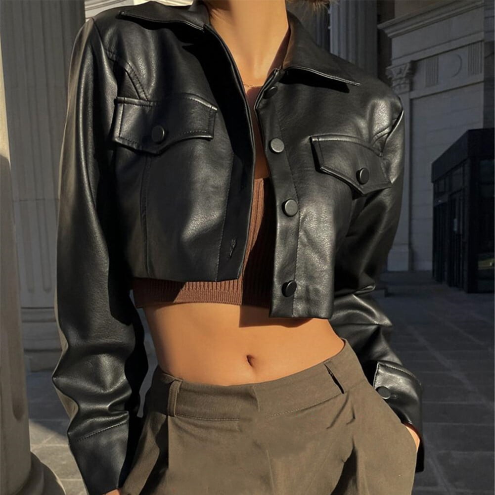 Women Vintage Leather Motorcycle Jacket Casual Long Sleeve