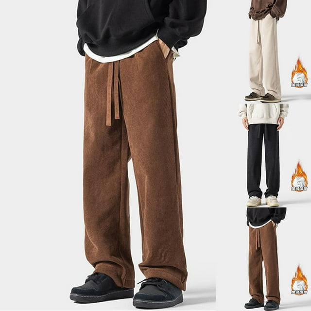 Summer Savings, Man's Corduroy Drawstring Trousers, Large Size, Straight Leg, Casual Fit, for Home/Office, Comfortable, Versatile, Elastic Waist, Solid Color, Plus Size Clothing | Beige L | Sopatenor
