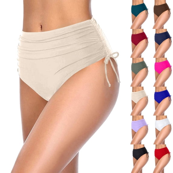 Women Bikini Bottoms Sexy Ruched Swim Bottom Swimsuit High Waist Half Coverage Tankini Shorts Beige L